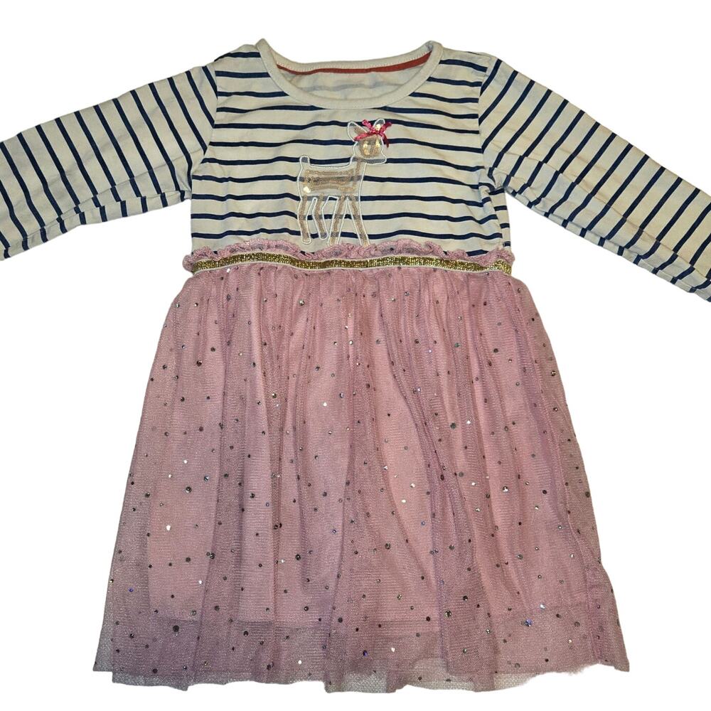 Girl's Sz 4T/110 Navy Pink Gold Stripe Sparkle Long-Sleeve Reindeer Dress